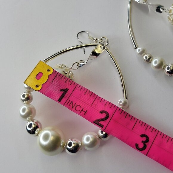 White Pearl with Silver Bead Large Teardrop Earrings Pearl Statement Earrings - Picture 4 of 7